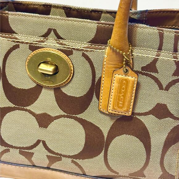COACH Hamptons Medium Madeline Satchel Handbag Brown Monogram Leather Trim - Picture 2 of 15